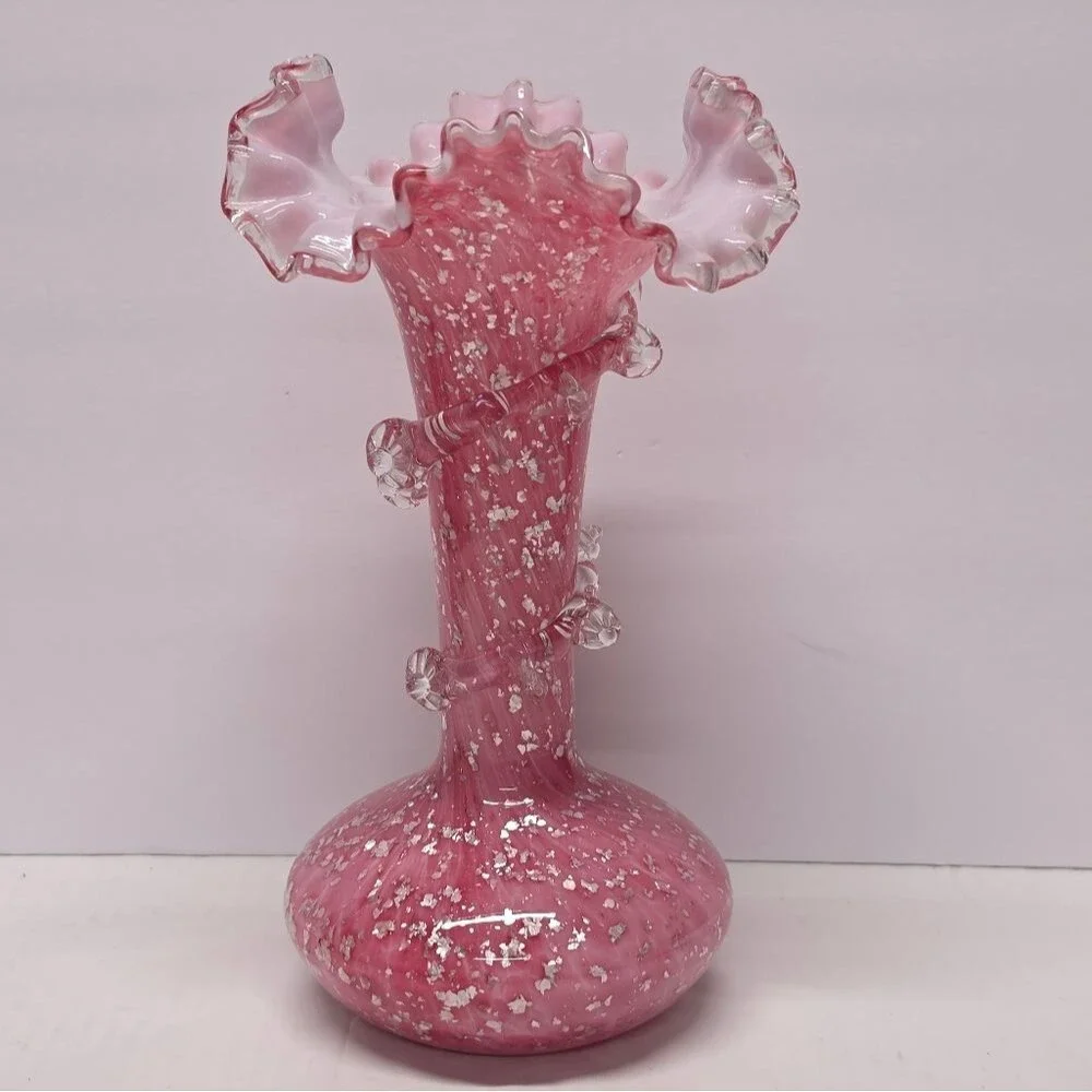 Antique Pink Ruffled Spangle Glass Silver Mica Flakes Vase Stevens & Williams